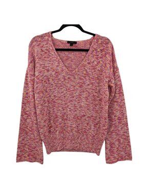J Crew Knit Sweater V Neck Pullover Speckled Flare Sleeve Cottage Casual Medium